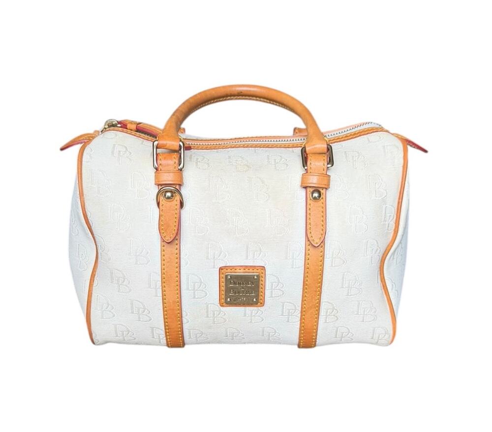 Vintage Dooney & Bourke White Monogram Canvas Barrel Satchel Bag Leather Trim